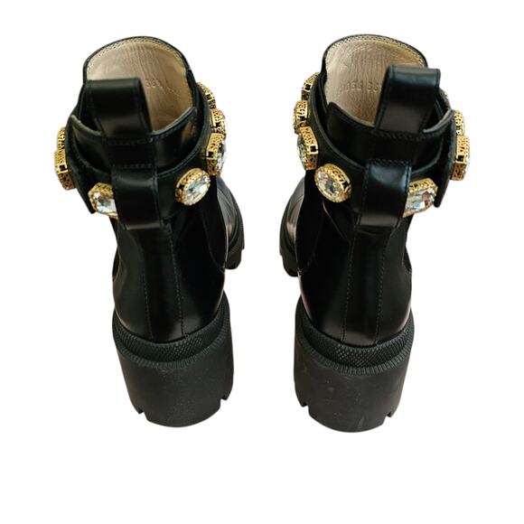 Gucci GG Trip Jewel Chunky Heel Chelsea Boot Size 36.5 US 6.5 Black Leather Gold - Picture 4 of 10